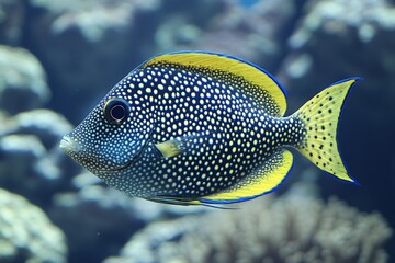 Spotted tang fish with blue and yellow accents swimming near coral highlighting its vibrant colors and unique patterns in a tropical marine habitat