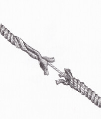 Pen and ink drawing of rope, almost snapping, hanging onby a thread