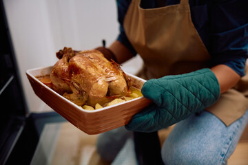 Close up of woman roasting turkey in the oven.
