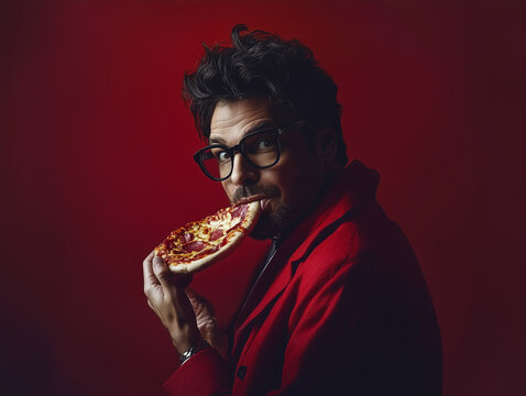 Mężczyzna w czerwonej marynarce je smaczny kawałek pizzy 