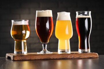 Glasses with different types of beer on wooden table in bar