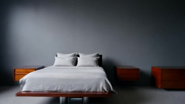 A modern bedroom with matte gray walls, a floating bed frame, and dark wood side tables for a sleek, moody style.