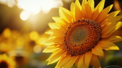 Obraz premium A single sunflower in a field, backlit by the warm setting sun.
