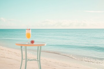 Summer beach cocktail on table with ocean backdrop