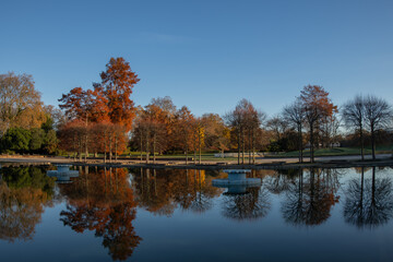 Fototapeta premium Peaceful scenery of Autumn trees reflected on the water. Autumn in Battersea Park/ London. Colorful autumn trees by the water. Fall concept