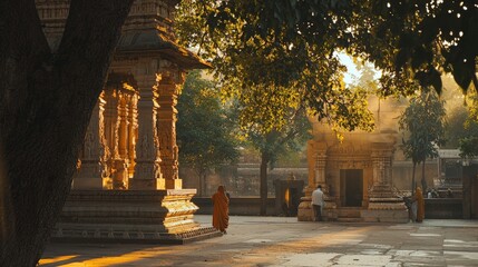 Naklejka premium Famous Indian temple with intricate carvings, worshippers praying, golden light filtering through the trees