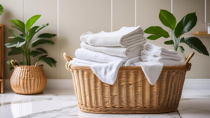 Wicker basket with a stack of white clothes on a white background. Clean, folded, stacked clothes in a wicker basket isolated.	Laundry concept design
