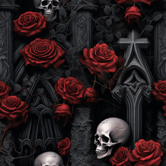Gothic Floral Skull with Roses and Vines