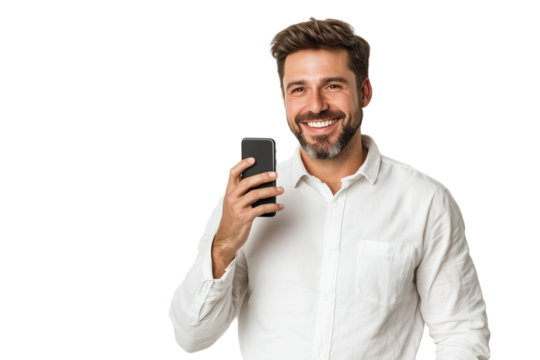 Smiling Man Holding Smartphone, Portrait Photography