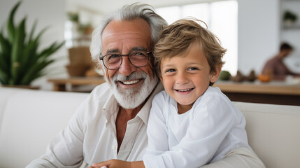 Obraz premium Happy smiling grandfather and a grandson in the light rom