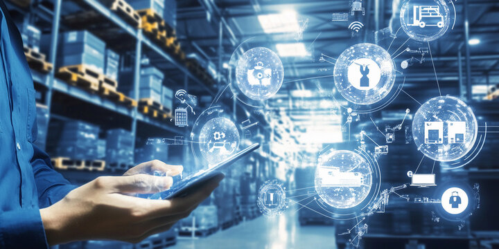A person uses a tablet to oversee inventory management in a warehouse, surrounded by shelves filled with various products and digital icons
