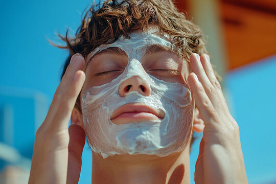 A young individual applies a soothing face mask while enjoying the sunshine at a coastal area, embracing a moment of self-care and relaxation outdoors