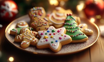 Obraz premium Christmas cookies on a plate, shaped like stars, trees, and gingerbread men, decorated with colorful icing and sprinkles