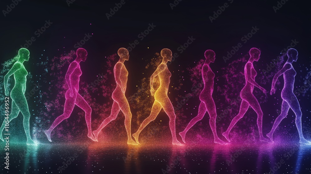 Aufkleber dynamic neon silhouettes of running figures in vibrant colors representing energy, unity, and abstra