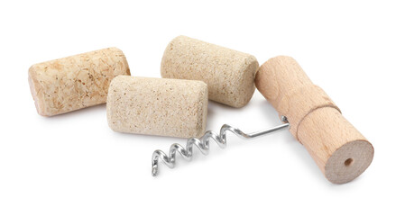 Corkscrew with wooden handle and corks isolated on white