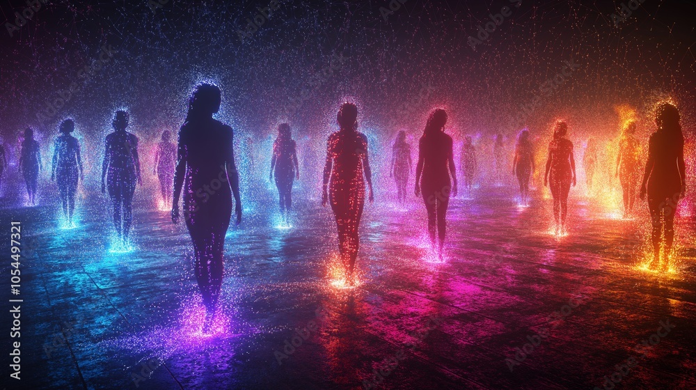 Aufkleber glowing silhouettes of diverse figures in neon lights, representing unity and vibrant community in a