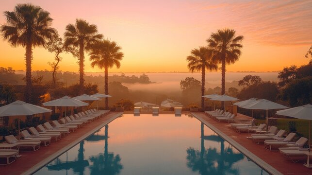 A tranquil pool with palm trees and a misty sunrise.