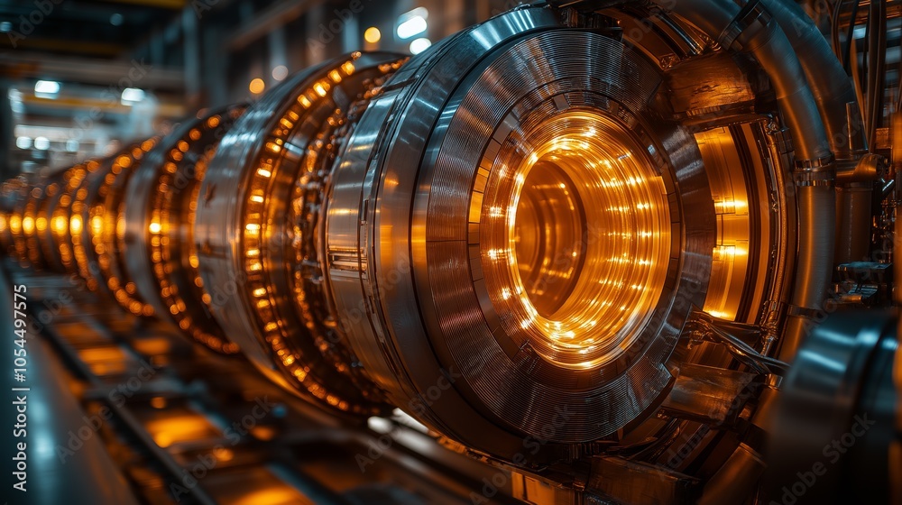 Poster futuristic industrial machine with glowing orange rings representing advanced technology and high-te