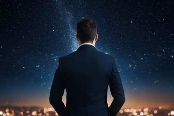 Fototapeta premium A man in a suit gazes at a starry night sky, contemplating the universe and his aspirations.
