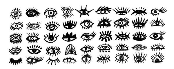 Vector collection hand drawn eyes in simple doodle style . Open black eyes hand-drawn with bold lines. Open and closed  eye  set. 