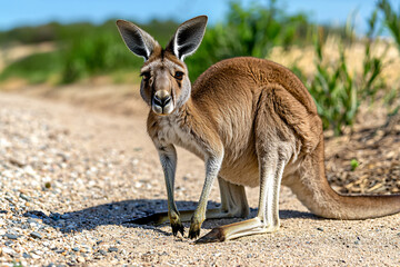 Fototapeta premium a kangaroo basking in the sun on a beautiful sandy beach, capturing the essence of Australia’s unique wildlife