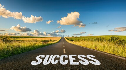 A scenic road under a blue sky with the word 'SUCCESS' written on it, symbolizing achievement and travel.