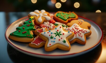 Obraz premium Christmas cookies on a plate, shaped like stars, trees, and gingerbread men, decorated with colorful icing and sprinkles