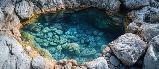 A small pool of crystal clear turquoise water nestled in a rocky crevice.