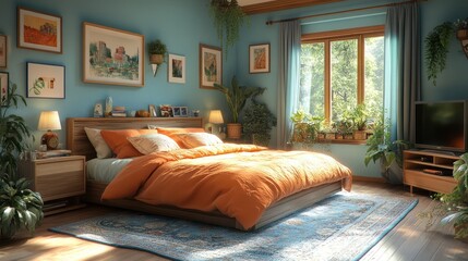 A cozy bedroom with a blue wall, wooden floor, a large bed with orange bedding, a large window, and many plants.