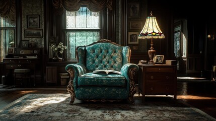 A vintage armchair with a book on it in a dimly lit room with a stained glass lamp.