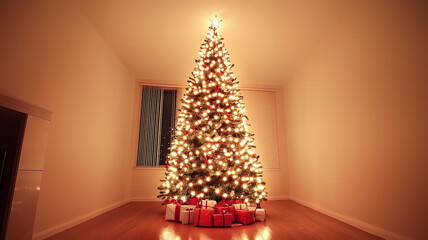Fototapeta premium A beautifully decorated Christmas tree with presents underneath
