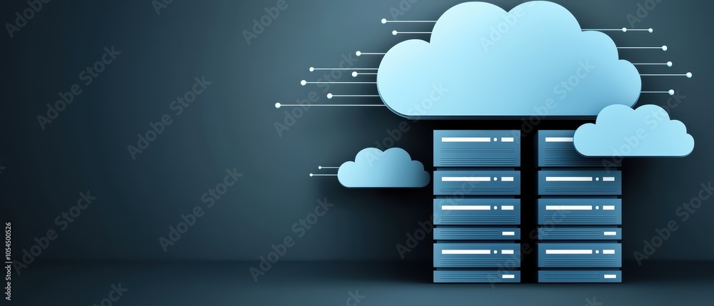 Poster cloud computing concept with server racks and cloud icons on a dark background.