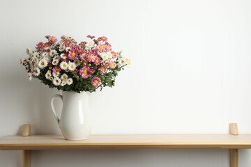 Vase with beautiful flowers on wooden shelf near white wall, space for text