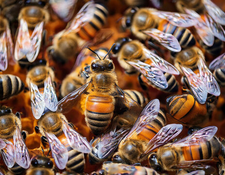 Queen Buckfast bee surrounded by nurse bees. Close up of bees on honeycomb in apiary - selective focus