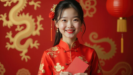 Celebratory asian new year portrait with traditional red and gold decorations. Chinese New Year