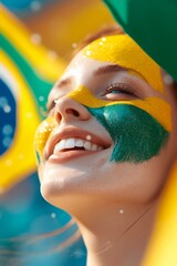 Happy young girl football fan celebrating her team victory. Latino woman with Brazil flag laughing and smiling. Celebration of Independence Day, Labor Day, Proclamation of the Republic
