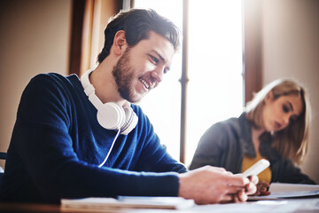 Class, man or student with smartphone for education, online research and digital information for...