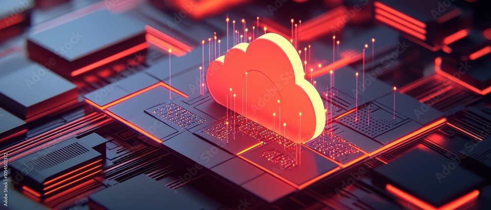 Poster digital cloud computing graphic with glowing nodes and circuitry on a dark background.