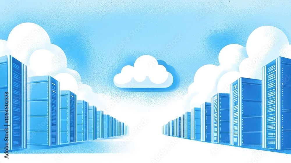 Poster digital cloud computing environment with server racks and blue sky.