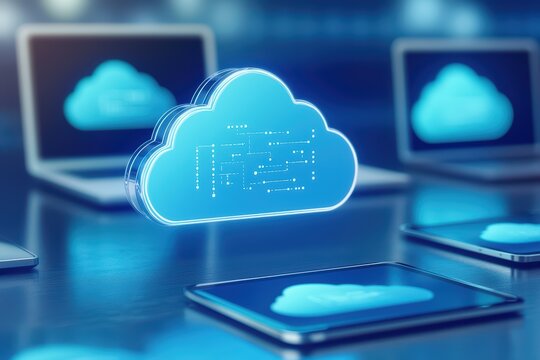 Digital cloud computing concept with laptops and tablets, technology background