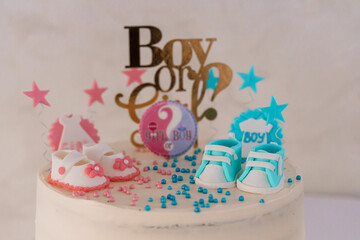 Celebratory Gender Reveal Cake Featuring Baby Shoes and Colorful Decorations
