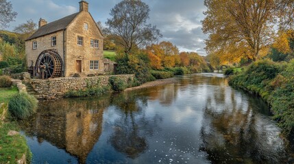 A quaint stone cottage with a water wheel sits on the bank of a river, surrounded by colorful autumn foliage.