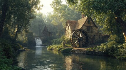 Fototapeta premium A quaint stone cottage with a water wheel sits beside a rushing stream and waterfall in a lush green forest.