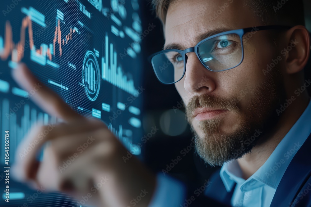 Poster focused man analyzing digital data on screen with graphs and numbers.