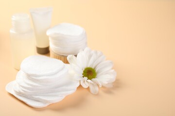 Cotton pads, cosmetic products and daisy flower on beige background, closeup. Space for text