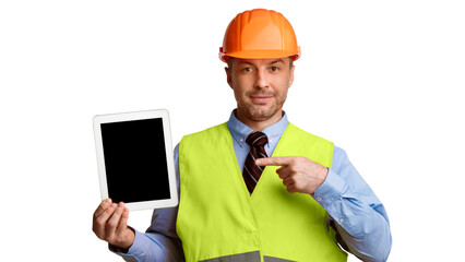 Professional Builder In Uniform Showing Tablet Computer Pointing Finger At Blank Screen Posing On White Studio Background. Online Building Service Ad, Look Here Concept. Mockup, Panorama