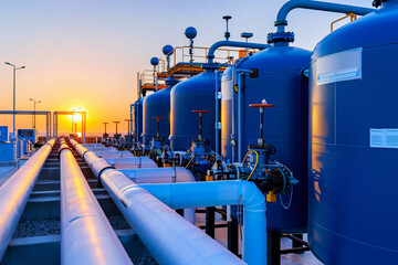 an industrial water treatment facility bathed in the golden light of sunset