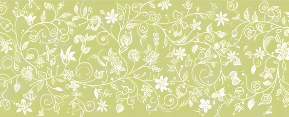 A light green background with graceful white outlines of vines and floral motifs, arranged simply to evoke an elegant, minimalist style