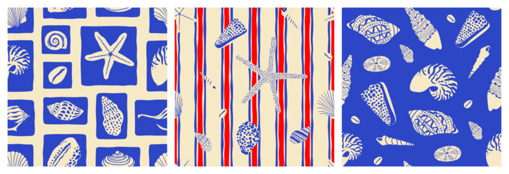 Retro hand drawn seashell seamless pattern set. Tropical summer background illustration. Vintage marine nature print collection. Patchwork style shell animal wallpaper texture.