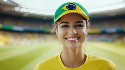 Happy young girl football fan celebrating her team victory. Latino woman with Brazil flag laughing and smiling. Celebration of Independence Day, Labor Day, Proclamation of the Republic